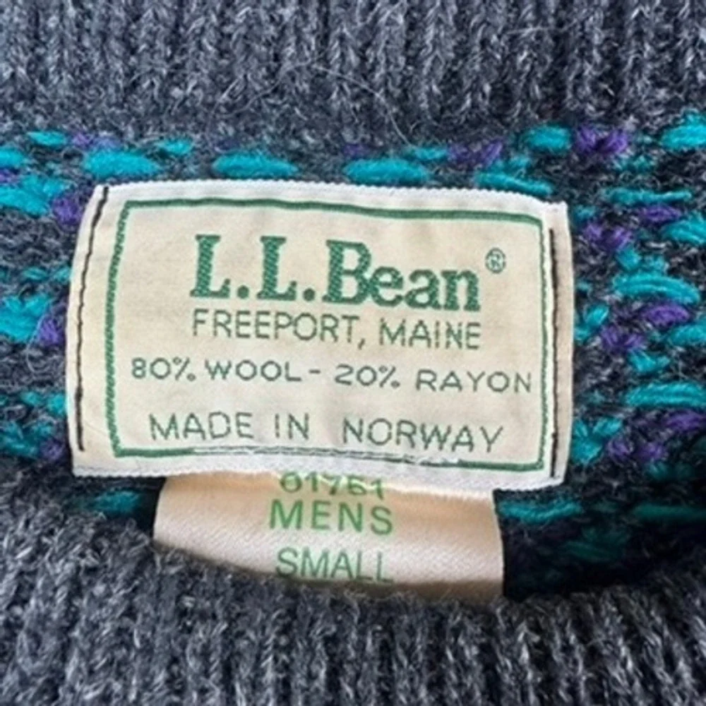 L.L. Bean Vintage 80s Birdseye Sweater Men Small Gray Blue Wool Fisherman Norway
